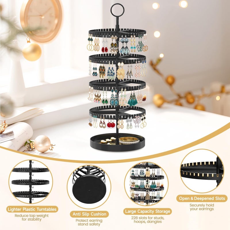 MODOWEY 4 Tier Rotating Earring Holder Organizer Display Tree with Metal Tray, Adjustable Plastic Stand with 228 Slots for Stud Hoop Hanger, Large Capacity Storage Rack for Women Space Saving, Black - Image 5